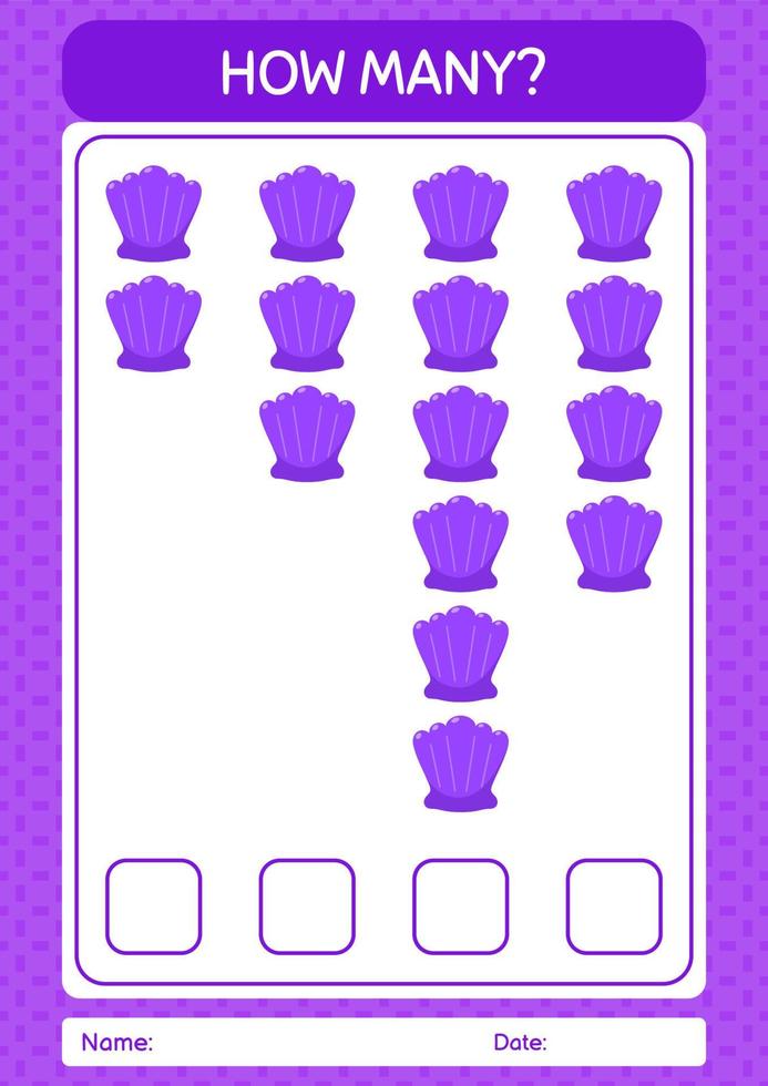 How many counting game with shells. worksheet for preschool kids, kids activity sheet vector
