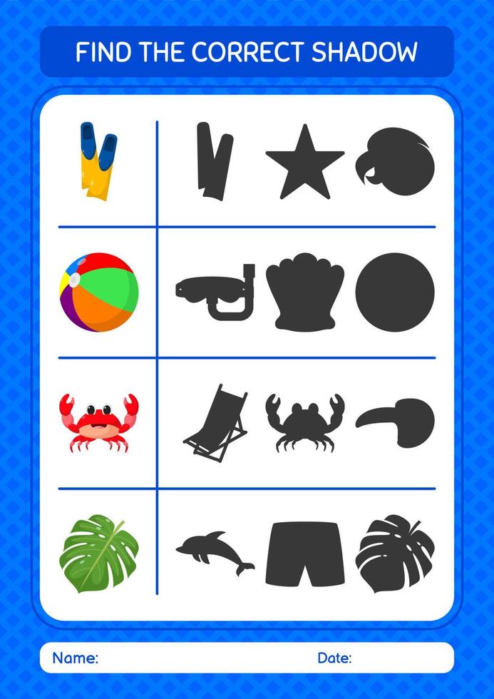 Find the correct shadows game with summer icon. worksheet for preschool kids, kids activity sheet vector