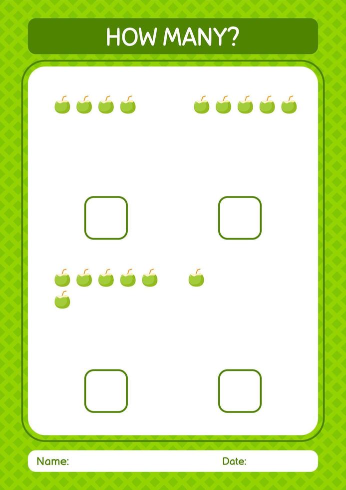 How many counting game with coconut. worksheet for preschool kids, kids activity sheet vector