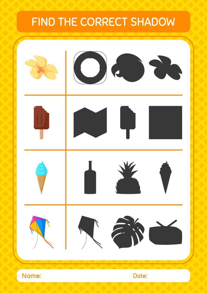 Find the correct shadows game with summer icon. worksheet for preschool kids, kids activity sheet vector