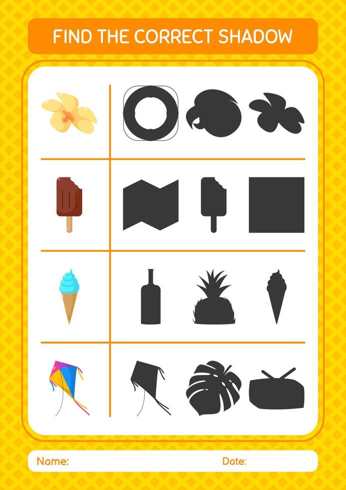 encuentra el juego de sombras correcto con el icono de verano. hoja de trabajo para niños en edad preescolar, hoja de actividades para niños vector