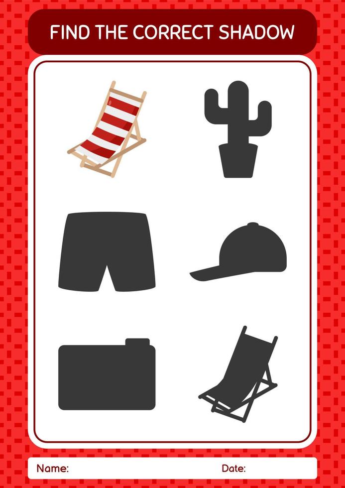 Find the correct shadows game with beach bench. worksheet for preschool kids, kids activity sheet vector