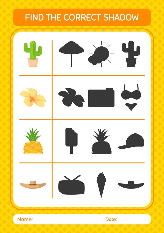 Find the correct shadows game with summer icon. worksheet for preschool kids, kids activity sheet vector