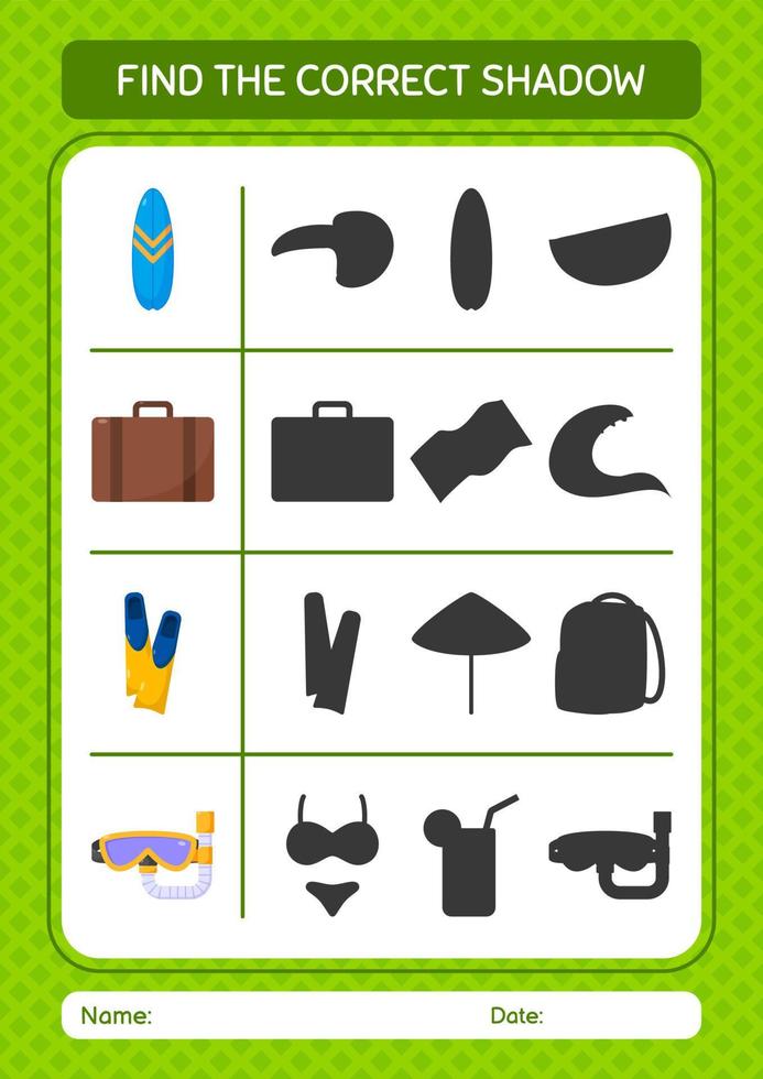 encuentra el juego de sombras correcto con el icono de verano. hoja de trabajo para niños en edad preescolar, hoja de actividades para niños vector