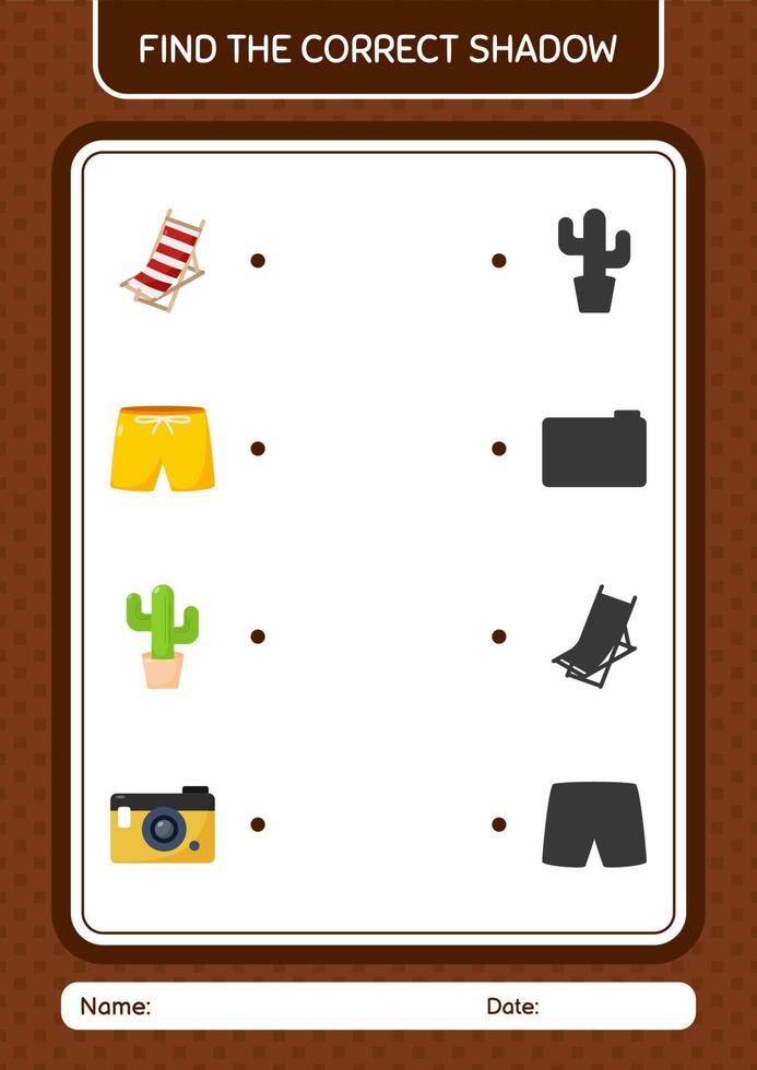 Find the correct shadows game with summer icon. worksheet for preschool kids, kids activity sheet vector