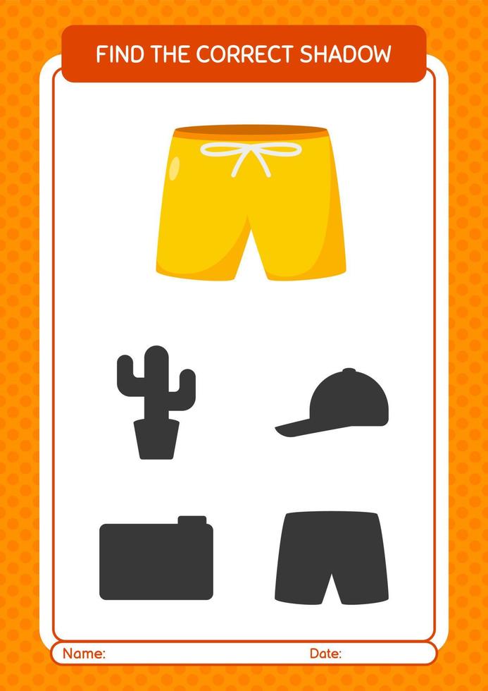 Find the correct shadows game with beach short. worksheet for preschool kids, kids activity sheet vector