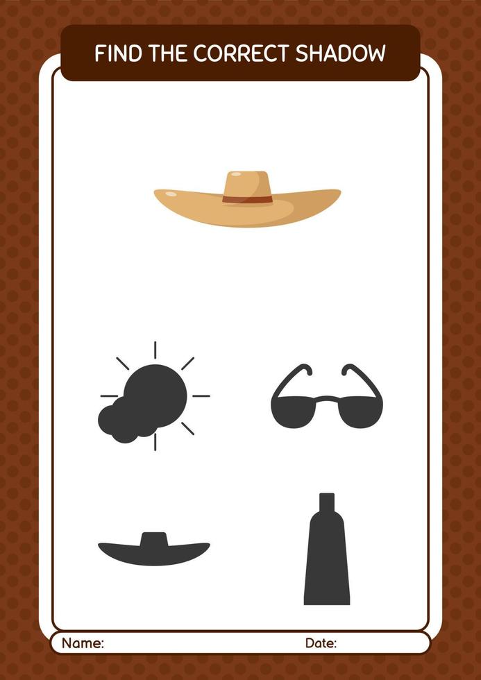 Find the correct shadows game with straw hat. worksheet for preschool kids, kids activity sheet vector