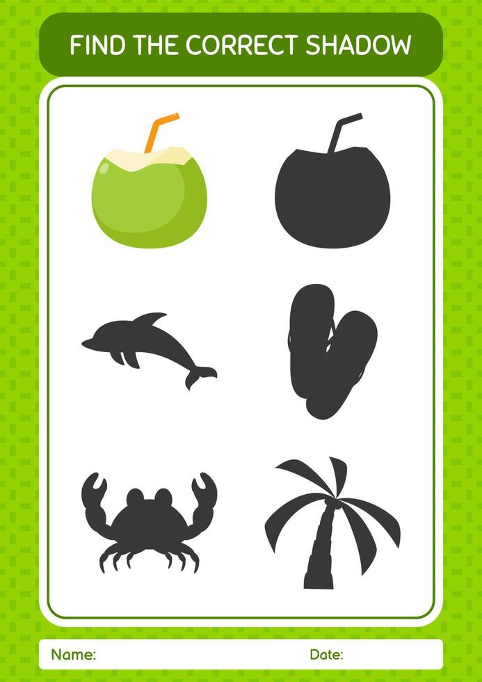 Find the correct shadows game with coconut. worksheet for preschool kids, kids activity sheet vector