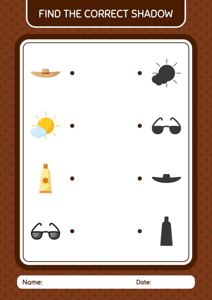 Find the correct shadows game with summer icon. worksheet for preschool kids, kids activity sheet vector