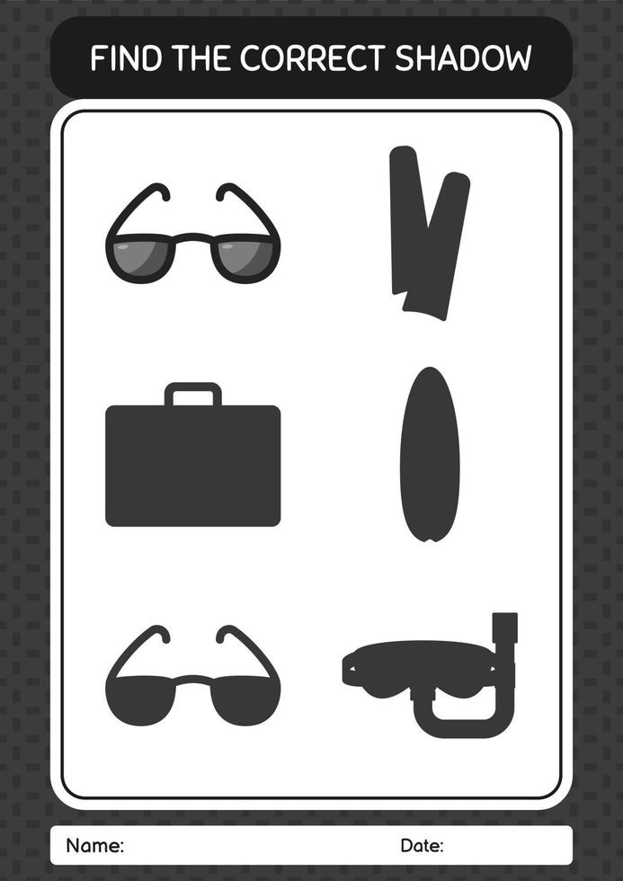 Find the correct shadows game with sunglasses. worksheet for preschool kids, kids activity sheet vector