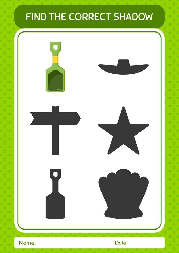 Find the correct shadows game with sand shovel. worksheet for preschool kids, kids activity sheet vector