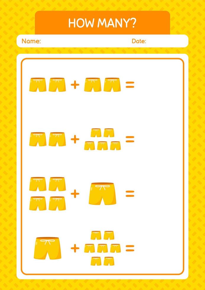 How many counting game with beach short. worksheet for preschool kids, kids activity sheet vector