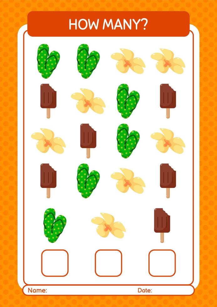 How many counting game with summer icon. worksheet for preschool kids, kids activity sheet vector