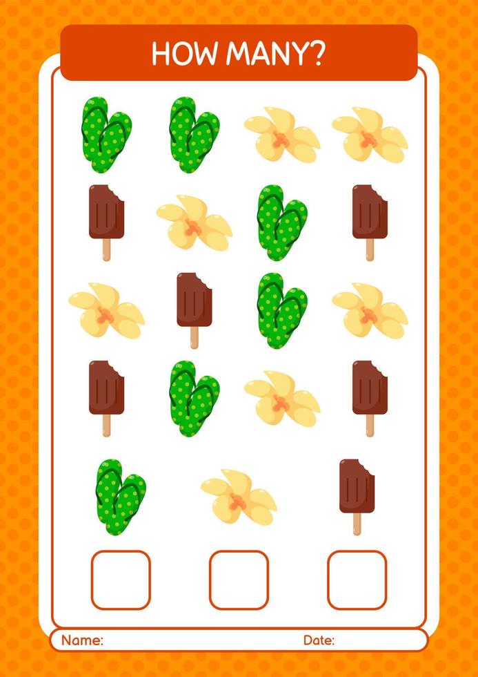 How many counting game with summer icon. worksheet for preschool kids, kids activity sheet vector