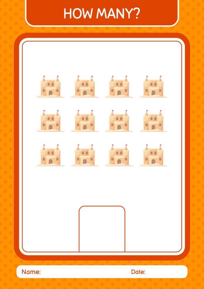 How many counting game with sand palace. worksheet for preschool kids, kids activity sheet vector