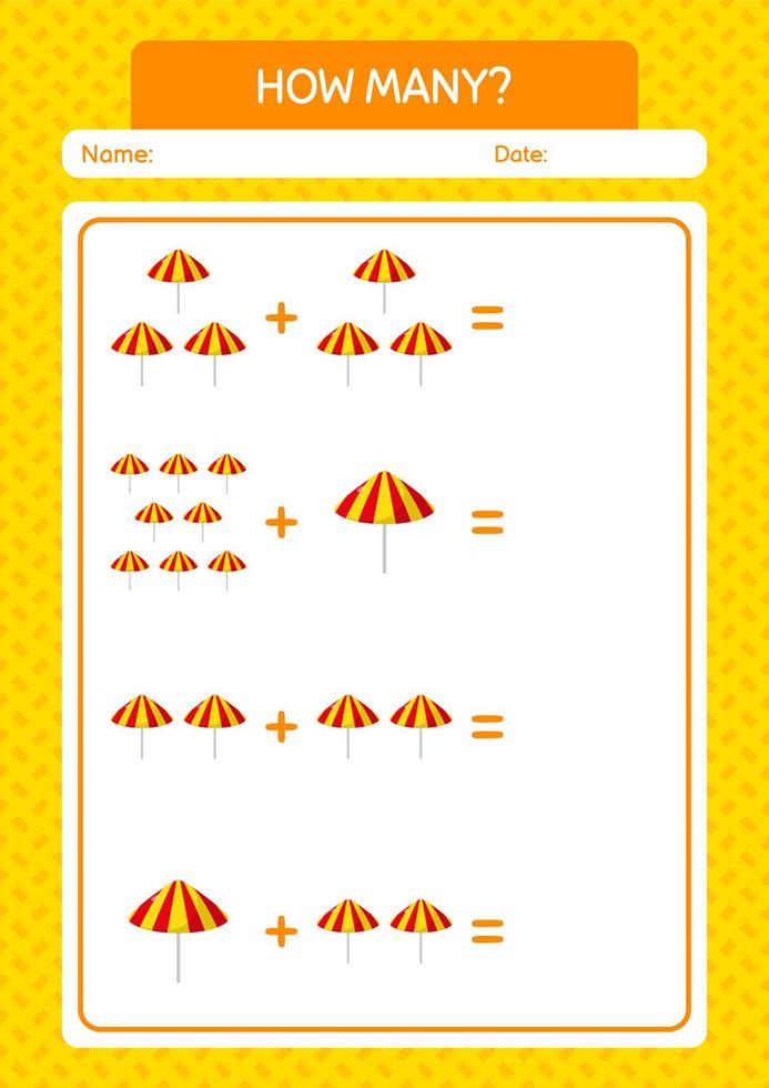 How many counting game with umbrella. worksheet for preschool kids, kids activity sheet vector