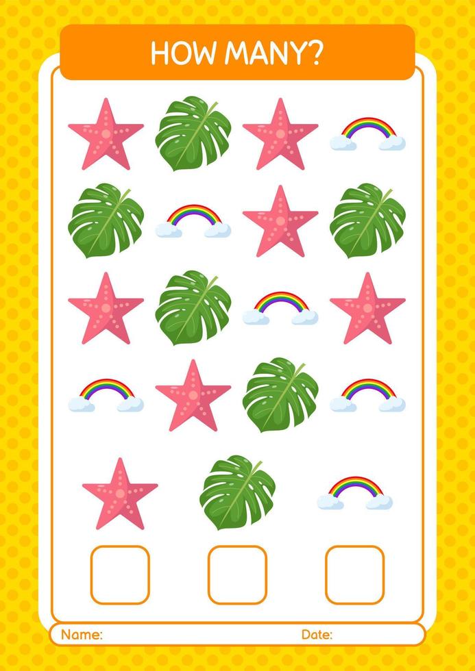 cuántos juegos de contar con el icono de verano. hoja de trabajo para niños en edad preescolar, hoja de actividades para niños vector