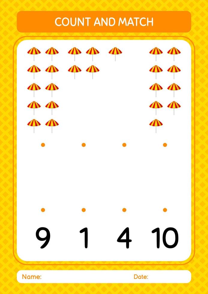 Count and match game with umbrella. worksheet for preschool kids, kids activity sheet vector