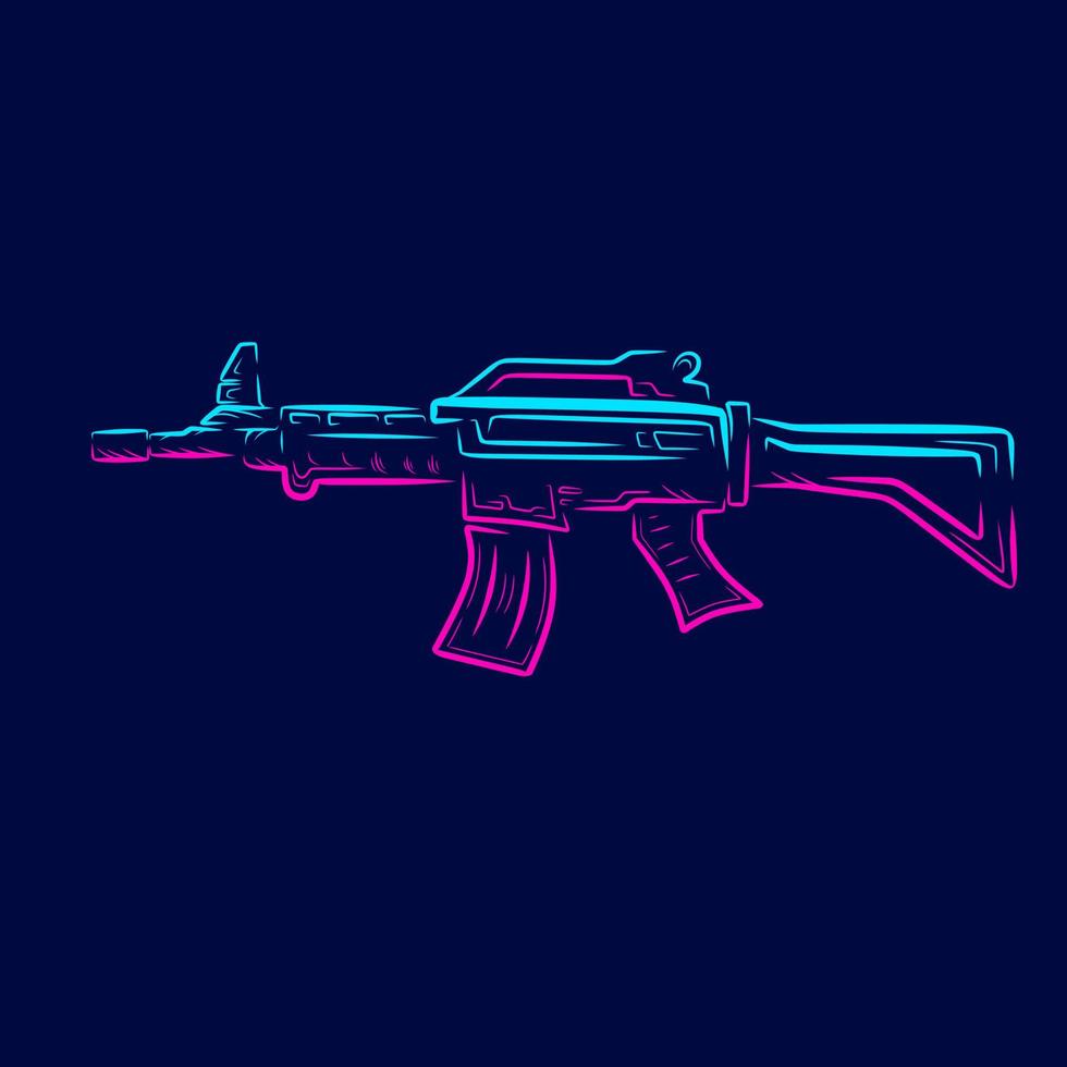 War machine. Vintage riffle gun weapon Line. Pop Art logo. Colorful design with dark background. Abstract vector illustration. Isolated black background for t-shirt, poster, clothing.