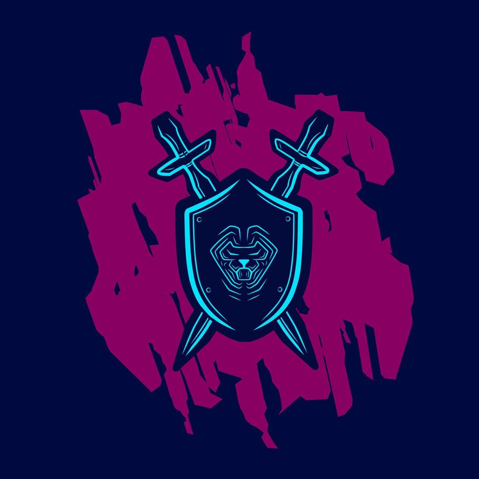 Swords and shield Line. Pop Art logo. Colorful design with dark background. Abstract vector illustration. Isolated black background for t-shirt, poster, clothing, merch, apparel, badge design