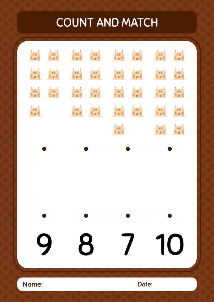 Count and match game with sand palace. worksheet for preschool kids, kids activity sheet vector