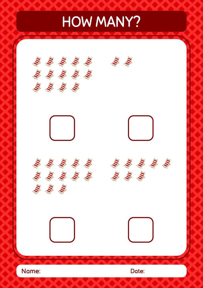 How many counting game with beach bench. worksheet for preschool kids, kids activity sheet vector