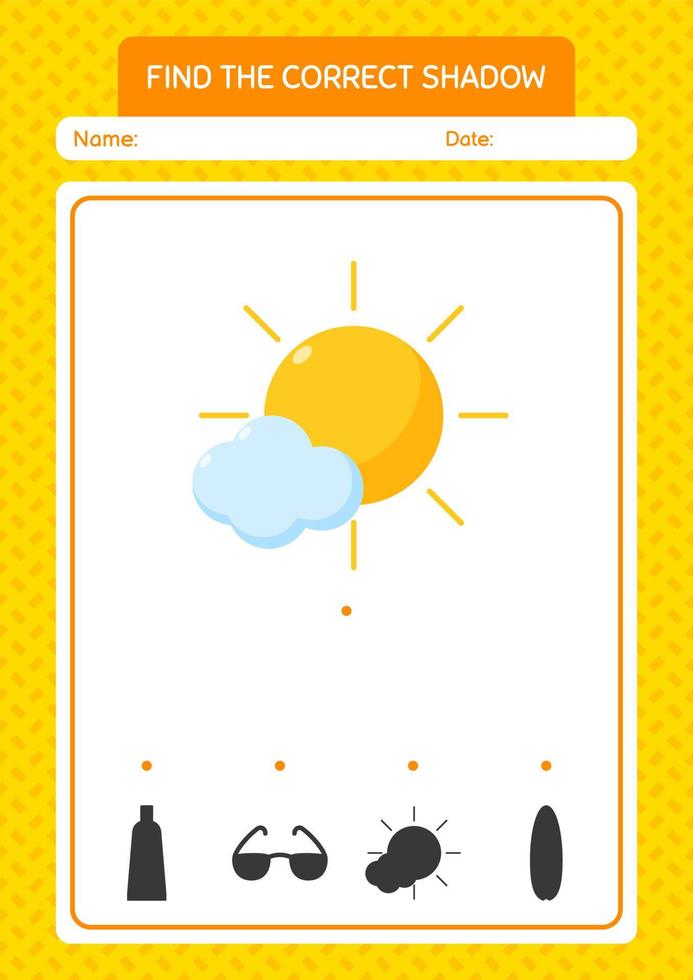Find the correct shadows game with sun. worksheet for preschool kids, kids activity sheet vector