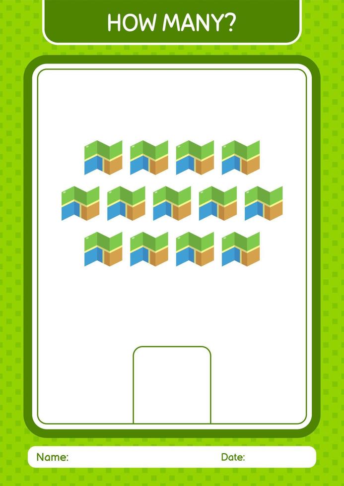 How many counting game with map. worksheet for preschool kids, kids activity sheet vector