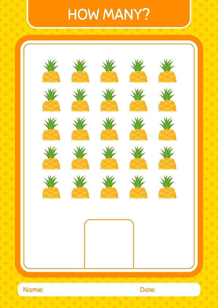 How many counting game with pineapple. worksheet for preschool kids, kids activity sheet vector