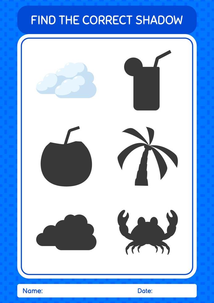 Find the correct shadows game with cloud. worksheet for preschool kids, kids activity sheet vector