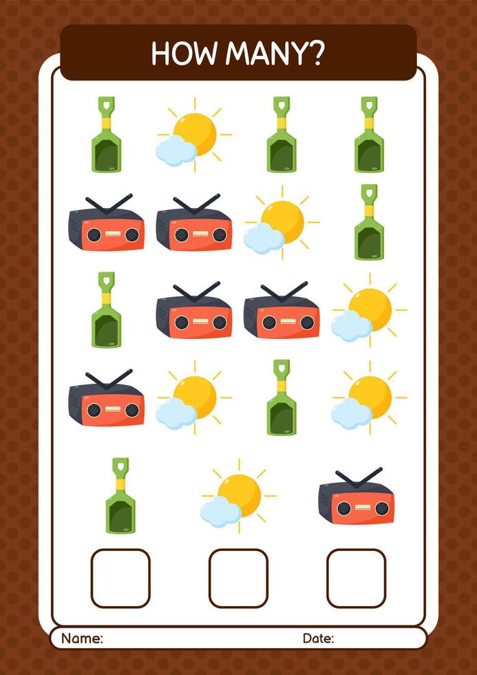 How many counting game with summer icon. worksheet for preschool kids, kids activity sheet vector