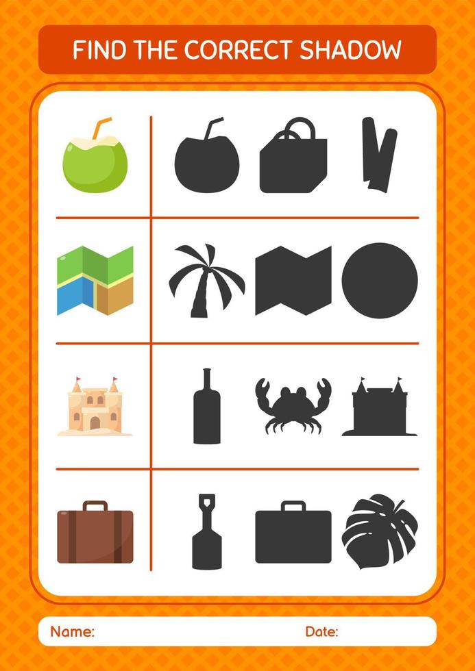 Find the correct shadows game with summer icon. worksheet for preschool kids, kids activity sheet vector