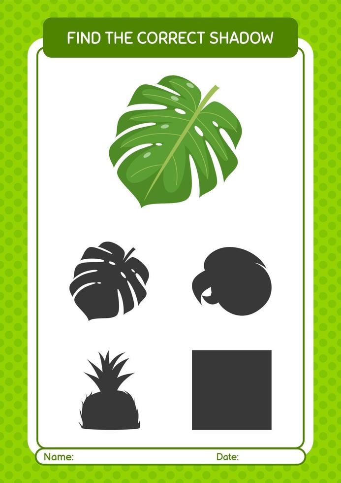 Find the correct shadows game with monstera leaf. worksheet for preschool kids, kids activity sheet vector
