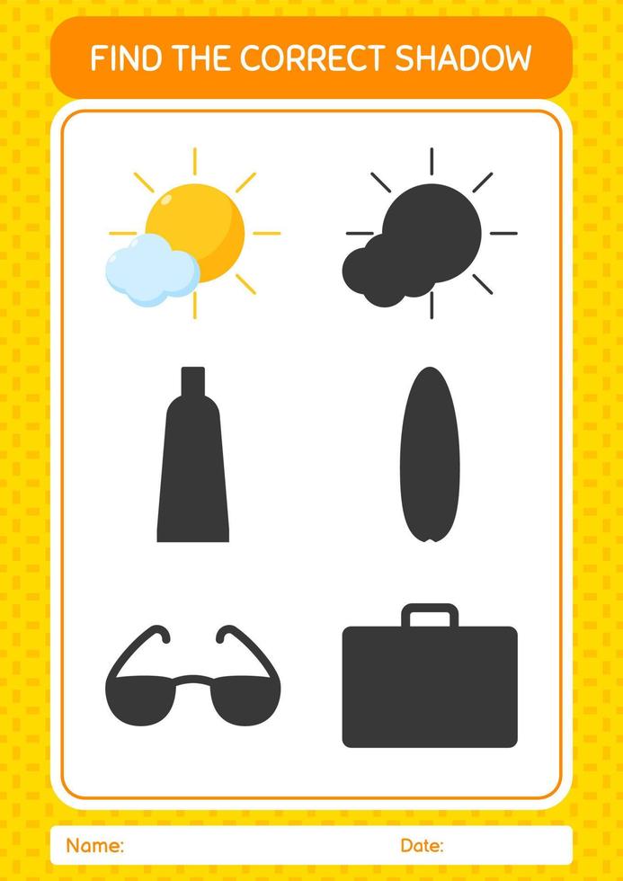 Find the correct shadows game with sun. worksheet for preschool kids, kids activity sheet vector