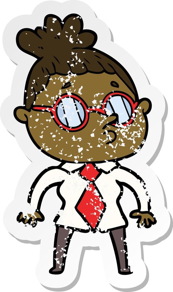 distressed sticker of a cartoon woman wearing glasses vector