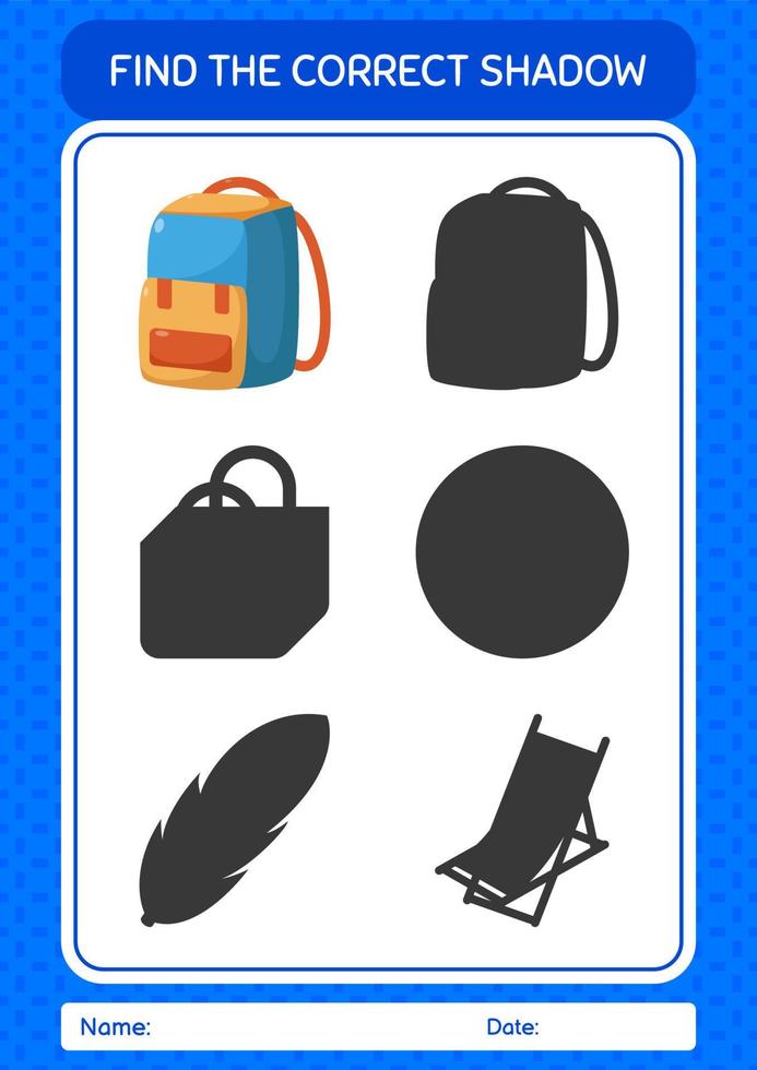 Find the correct shadows game with backpack. worksheet for preschool kids, kids activity sheet vector