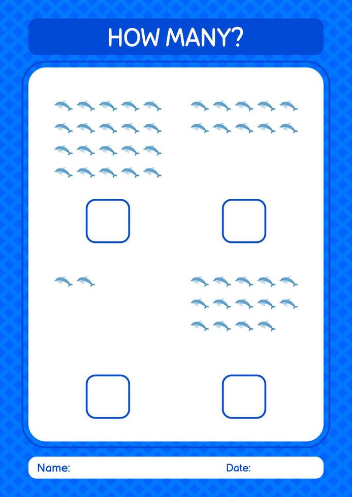How many counting game with dolphin. worksheet for preschool kids, kids activity sheet vector