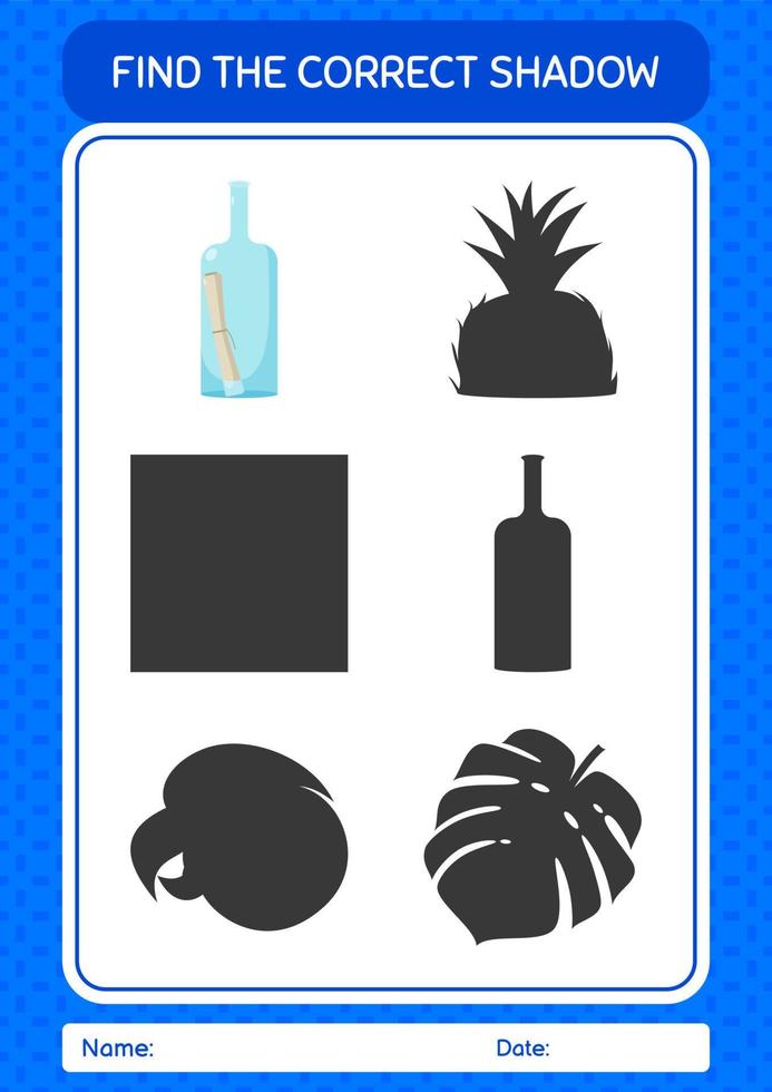 Find the correct shadows game with message bottle. worksheet for preschool kids, kids activity sheet vector