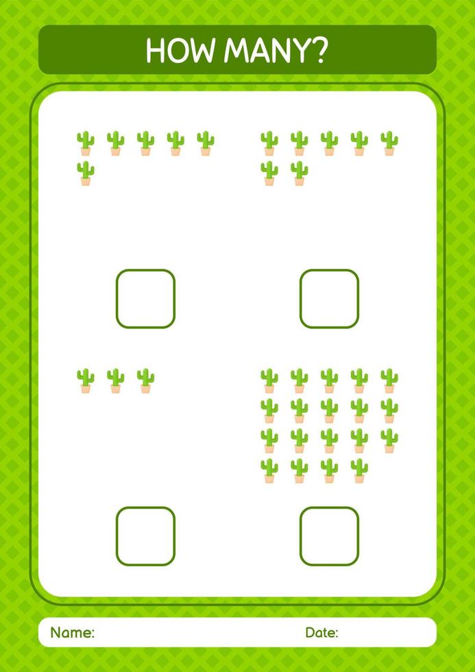 cuantos juegos de conteo con cactus. hoja de trabajo para niños en edad preescolar, hoja de actividades para niños vector