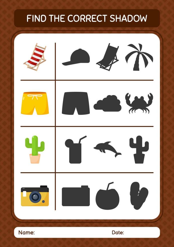Find the correct shadows game with summer icon. worksheet for preschool kids, kids activity sheet vector