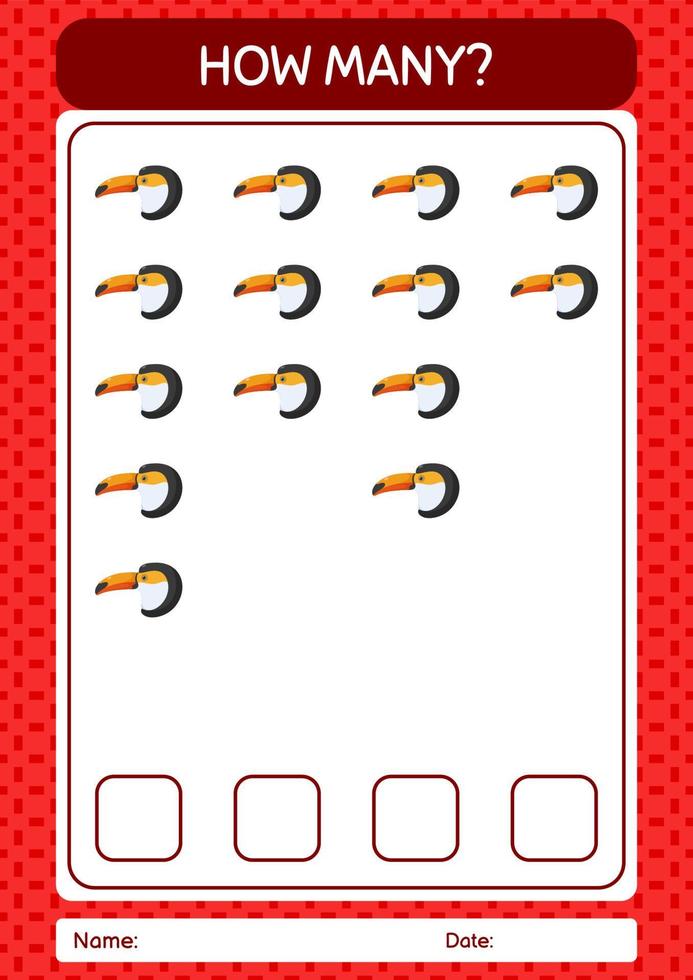 How many counting game with toucan. worksheet for preschool kids, kids activity sheet vector