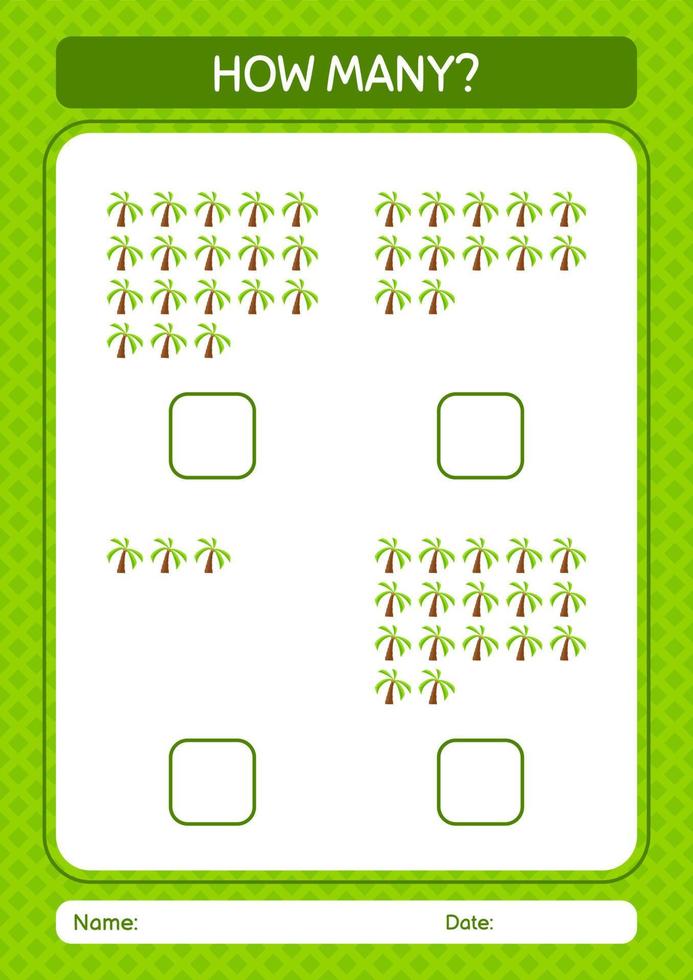 How many counting game with coconut tree. worksheet for preschool kids, kids activity sheet vector