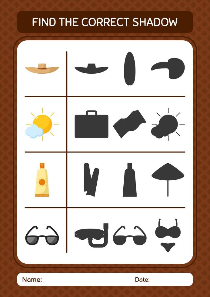 Find the correct shadows game with summer icon. worksheet for preschool kids, kids activity sheet vector