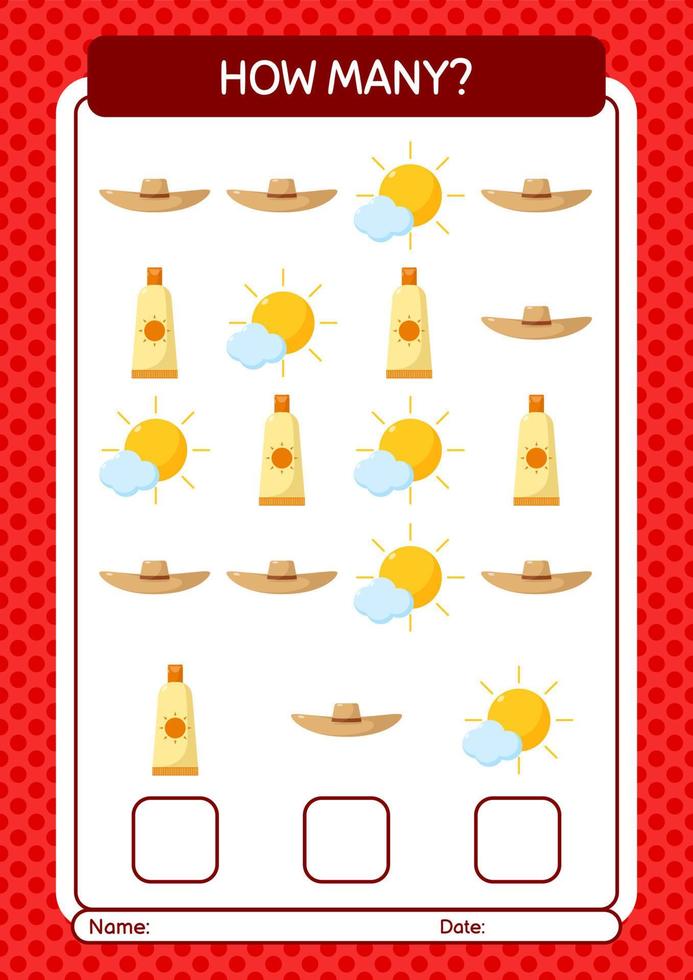 How many counting game with summer icon. worksheet for preschool kids, kids activity sheet vector