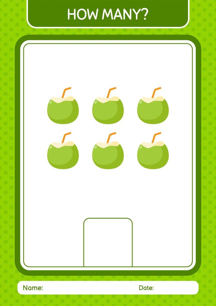 How many counting game with coconut. worksheet for preschool kids, kids activity sheet vector