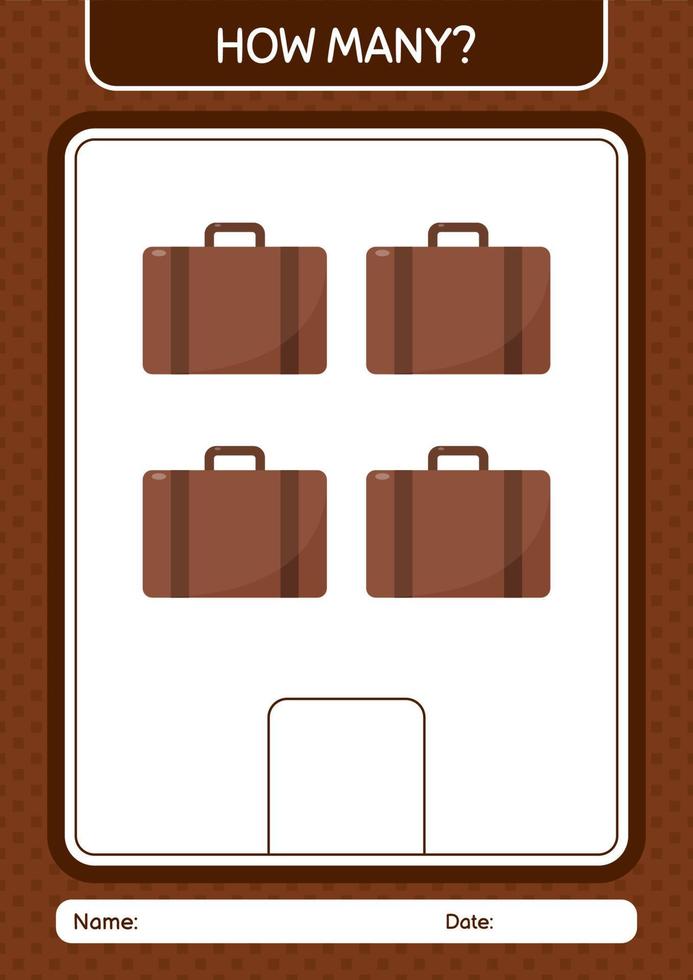 How many counting game with suitcase. worksheet for preschool kids, kids activity sheet vector