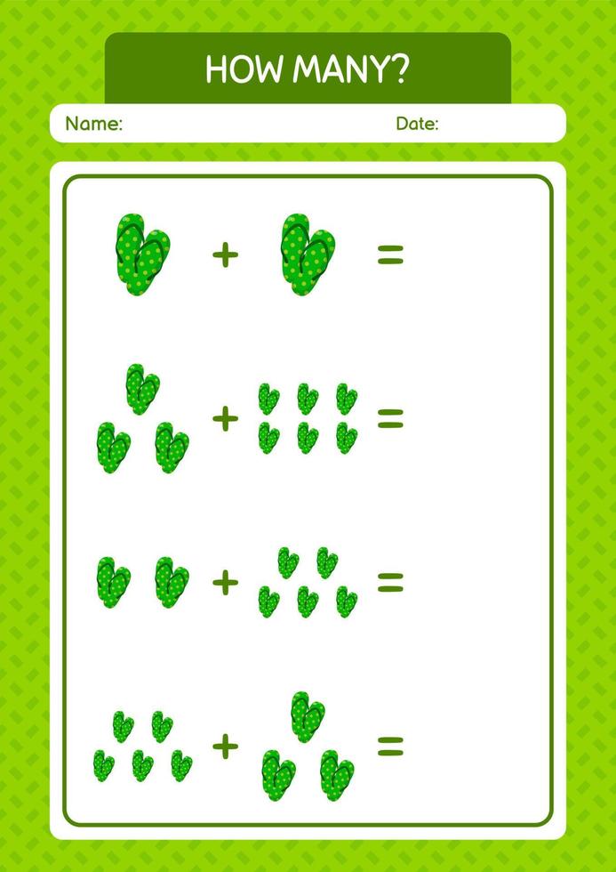 How many counting game with flip flop. worksheet for preschool kids, kids activity sheet vector