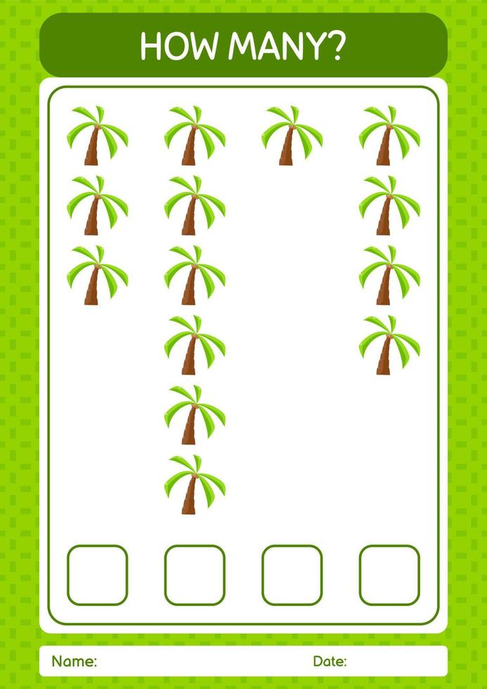 How many counting game with coconut tree. worksheet for preschool kids, kids activity sheet vector