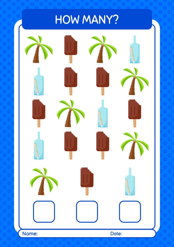 How many counting game with summer icon. worksheet for preschool kids, kids activity sheet vector