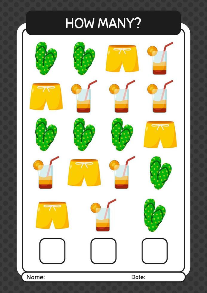 How many counting game with summer icon. worksheet for preschool kids, kids activity sheet vector